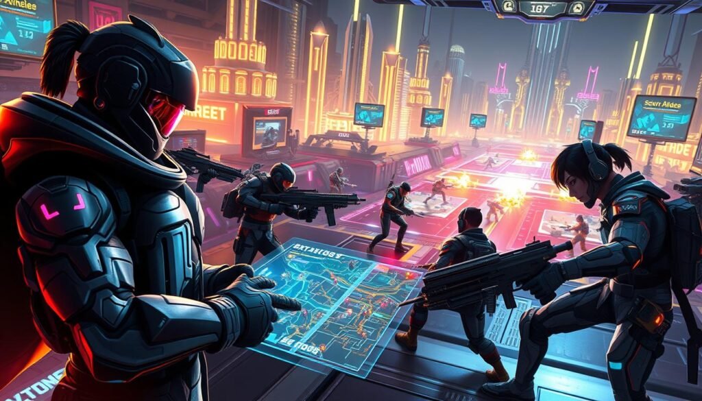 A futuristic combat scene featuring a diverse group of beginner fighters engaged in strategic gameplay in a high-tech arena. In the foreground, focus on two characters: one is a tactical fighter in sleek, armored attire, using holographic tools to analyze enemy positions, while the other, equipped with an innovative loadout, closely studies a digital map of the arena. In the middle ground, showcase various combat scenarios with different characters utilizing distinct strategies, employing gadgets and weapons with vibrant colors. The background reveals a dynamic, glowing cityscape filled with towering structures and screens displaying game stats. The lighting is dramatic, with neon highlights illuminating the characters while casting shadows that enhance the sense of action and urgency. The atmosphere is electric, emphasizing the thrill of strategy and combat in this immersive game world.