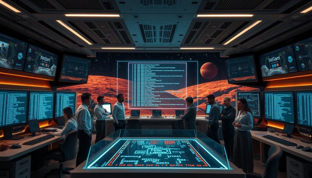 A futuristic control room filled with advanced technology and computer screens displaying code, representing open-source software development. In the foreground, a diverse group of engineers, dressed in professional attire, collaborate around a holographic interface that showcases the Linux kernel and its applications in space exploration. In the middle ground, sleek computers and large monitors illustrate complex algorithms, while a backdrop of a starry space-themed mural subtly hints at Mars. Soft, ambient lighting illuminates the workspace, creating a focus on teamwork and innovation. The overall atmosphere conveys a sense of cutting-edge development, dedication, and the pioneering spirit of space exploration through open-source technology.