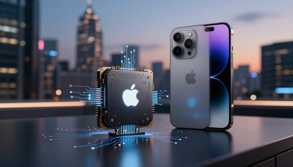 A futuristic depiction of the Apple Neural Engine prominently featured in the foreground, showcasing its sleek, high-tech design with intricate circuits and glowing elements. In the middle ground, a modern iPhone 17 is elegantly displayed, highlighting its advanced camera capabilities and technology integration. The background features a digital cityscape illuminated at dusk, suggesting a blend of innovation and technology. The scene is lit with soft, ambient lighting that creates a sophisticated atmosphere, emphasizing the cutting-edge nature of Apple’s technology. Use a shallow depth of field to focus on the Neural Engine and iPhone, enhancing their detailed textures and reflecting a sense of speed and efficiency in digital processing. The overall mood is dynamic and inspiring, reflecting the future of technology. A futuristic depiction of the Apple Neural Engine prominently featured in the foreground, showcasing its sleek, high-tech design with intricate circuits and glowing elements. In the middle ground, a modern iPhone 17 is elegantly displayed, highlighting its advanced camera capabilities and technology integration. The background features a digital cityscape illuminated at dusk, suggesting a blend of innovation and technology. The scene is lit with soft, ambient lighting that creates a sophisticated atmosphere, emphasizing the cutting-edge nature of Apple’s technology. Use a shallow depth of field to focus on the Neural Engine and iPhone, enhancing their detailed textures and reflecting a sense of speed and efficiency in digital processing. The overall mood is dynamic and inspiring, reflecting the future of technology.