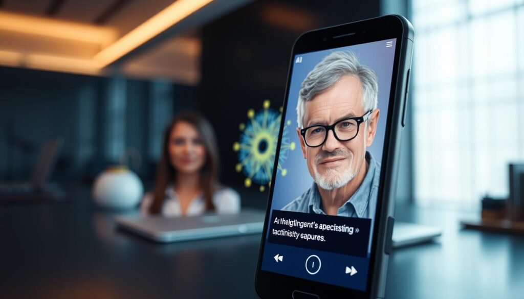 A futuristic digital interface showcasing "Expressive Captions and Smart Accessibility Features." In the foreground, a modern smartphone displays dynamic, colorful captions that adjust based on facial expressions of a diverse group of users, including a young woman in professional attire and a middle-aged man in casual wear. In the middle, an AI visual representation, resembling neural networks and light patterns, symbolizes intelligent captioning technology. The background features a sleek, minimalist workspace with soft, ambient lighting to create a warm and inviting atmosphere. The camera angle focuses on the smartphone, highlighting its vibrant screen while subtly blurring the background, evoking a sense of innovation and accessibility in technology. A futuristic digital interface showcasing "Expressive Captions and Smart Accessibility Features." In the foreground, a modern smartphone displays dynamic, colorful captions that adjust based on facial expressions of a diverse group of users, including a young woman in professional attire and a middle-aged man in casual wear. In the middle, an AI visual representation, resembling neural networks and light patterns, symbolizes intelligent captioning technology. The background features a sleek, minimalist workspace with soft, ambient lighting to create a warm and inviting atmosphere. The camera angle focuses on the smartphone, highlighting its vibrant screen while subtly blurring the background, evoking a sense of innovation and accessibility in technology.