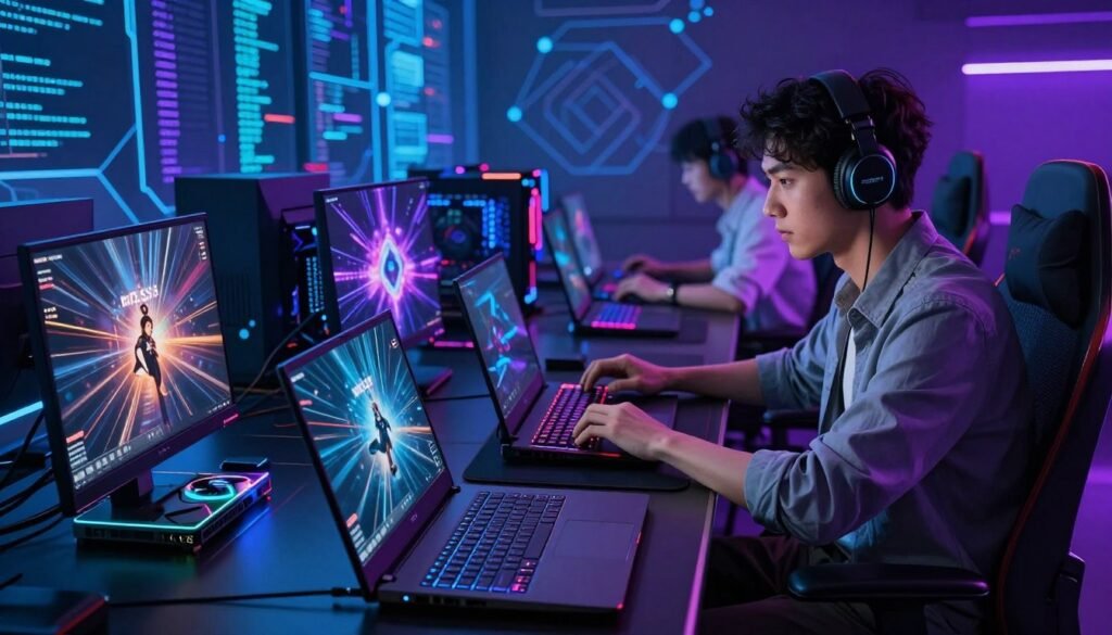 A futuristic digital landscape showcasing advanced gaming technology, prominently featuring DLSS and Ray Tracing. In the foreground, sleek gaming laptops with illuminated RTX 4090 graphics cards, their screens displaying vibrant, high-fidelity graphics with realistic lighting and shadows. In the middle ground, a tech-savvy user in professional attire, focused on the intricate details of the gaming setup, demonstrating the immersive experience. The background is filled with dynamic visuals of digital data streams and geometric patterns, symbolizing the power of technology. Soft blue and purple lighting creates a high-tech atmosphere, emphasizing innovation and performance, captured from a slightly elevated angle to convey depth and excitement.