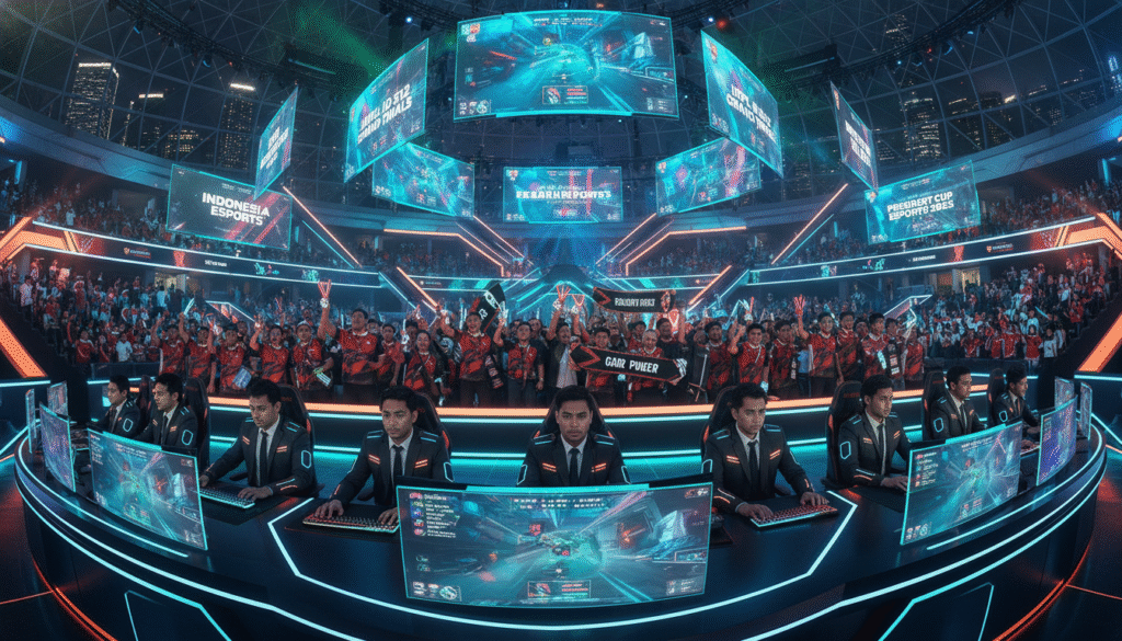 A futuristic esports arena in Indonesia, bustling with energy, showcases a vibrant scene in 2025. In the foreground, diverse gamers in professional business attire are intensely focused on large screens displaying competitive gameplay, with glowing LED lights illuminating their faces. The middle ground features enthusiastic fans wearing esports merchandise, cheering and holding banners, embodying unity and excitement. The background reveals a sleek, modern design of the arena, with holographic displays and digital advertisements promoting upcoming esports events. Bright, dynamic lighting creates an exhilarating atmosphere, while a panoramic view emphasizes the scale of the event. The overall mood is one of optimism and growth for Indonesia’s esports future.