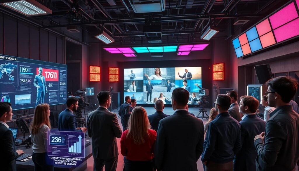 A futuristic film production studio bustling with activity, showcasing advanced AI technology in action. In the foreground, a diverse group of professionals in smart business attire are engaged in a brainstorming session, surrounded by holographic displays of film statistics and AI-generated visuals. The middle ground features a large screen projecting scenes from AI-created films, highlighting the potential of generative video AI. The background reveals a modern studio with high-tech equipment, dim ambient lighting enhanced by colorful LED panels casting a vibrant glow. The scene conveys a sense of innovation and collaboration, emphasizing both the potential and challenges of integrating AI in the film industry, all captured from a dynamic angle that reflects the exciting atmosphere. A futuristic film production studio bustling with activity, showcasing advanced AI technology in action. In the foreground, a diverse group of professionals in smart business attire are engaged in a brainstorming session, surrounded by holographic displays of film statistics and AI-generated visuals. The middle ground features a large screen projecting scenes from AI-created films, highlighting the potential of generative video AI. The background reveals a modern studio with high-tech equipment, dim ambient lighting enhanced by colorful LED panels casting a vibrant glow. The scene conveys a sense of innovation and collaboration, emphasizing both the potential and challenges of integrating AI in the film industry, all captured from a dynamic angle that reflects the exciting atmosphere.