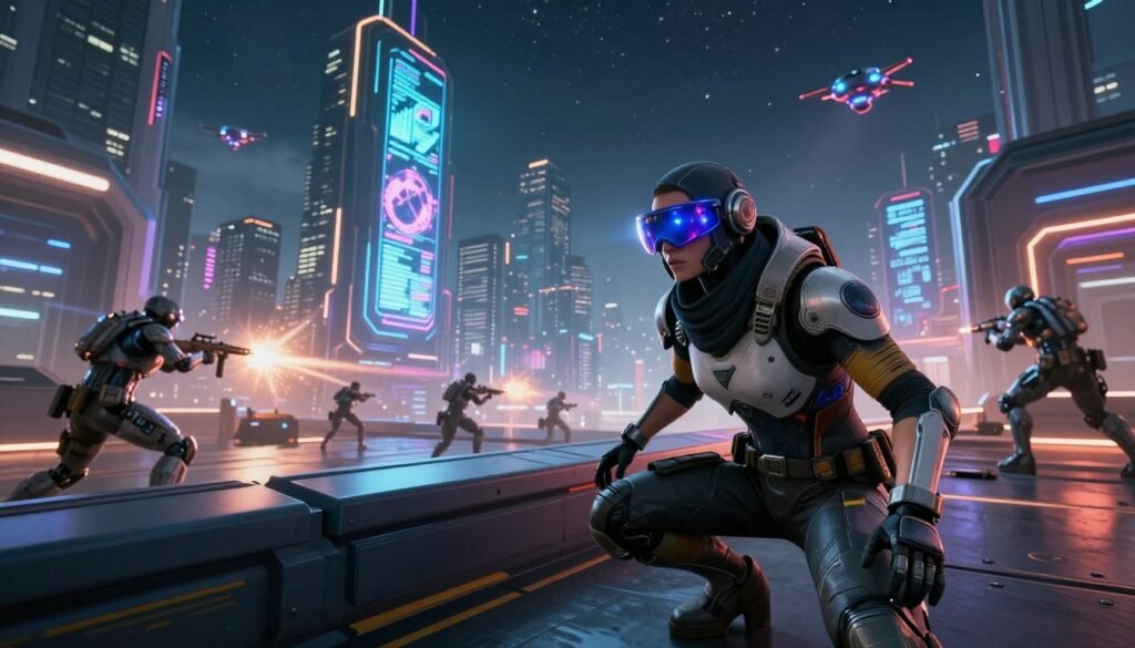 A futuristic first-person shooter game environment inspired by "ChronoMax." In the foreground, a highly detailed character in advanced tactical gear crouches behind a sleek, high-tech barrier, their visor reflecting bright neon lights. The middle ground features a futuristic urban landscape with towering skyscrapers and glowing holographic advertisements, dense with cyborg-like characters engaged in intense action. The background showcases a dynamic skyline, a starry night sky, and floating drones illuminating the scene with varied colors. The lighting is dramatic, casting sharp shadows and highlighting the character's determination. The overall mood is tense and exhilarating, capturing the essence of a high-stakes gaming scenario. Use a wide-angle lens effect to emphasize depth and action.
