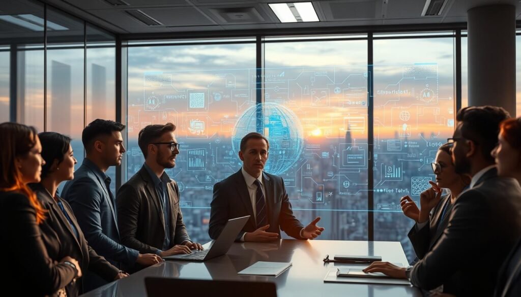 A futuristic office environment portraying the unseen challenges and concerns of artificial intelligence. In the foreground, a group of diverse professionals in business attire are engaged in a heated discussion, their expressions reflecting anxiety and curiosity about AI. The middle layer features a holographic AI interface displaying complex data and algorithms, casting a soft blue glow. In the background, large windows reveal a cityscape bathed in twilight, symbolizing the rapid advancement of technology. The lighting is a mix of warm and cool tones, enhancing the contrast between human elements and the abstract representation of AI. The mood is tense yet hopeful, illustrating the delicate balance between innovation and caution in the realm of artificial intelligence. A futuristic office environment portraying the unseen challenges and concerns of artificial intelligence. In the foreground, a group of diverse professionals in business attire are engaged in a heated discussion, their expressions reflecting anxiety and curiosity about AI. The middle layer features a holographic AI interface displaying complex data and algorithms, casting a soft blue glow. In the background, large windows reveal a cityscape bathed in twilight, symbolizing the rapid advancement of technology. The lighting is a mix of warm and cool tones, enhancing the contrast between human elements and the abstract representation of AI. The mood is tense yet hopeful, illustrating the delicate balance between innovation and caution in the realm of artificial intelligence.