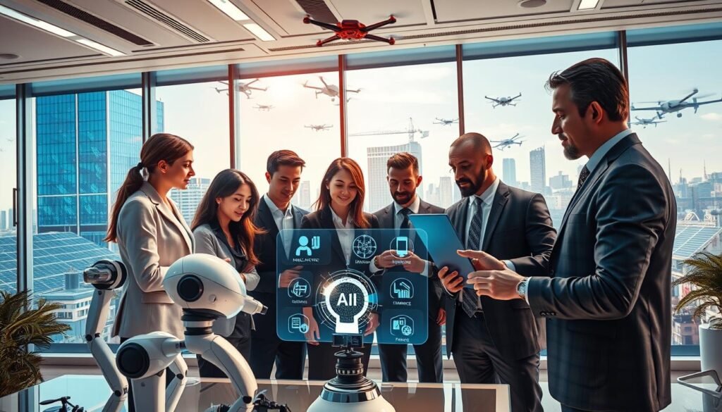 A futuristic office environment showcasing the impact of artificial intelligence across various industries. In the foreground, a diverse group of professionals, including a woman in business attire and a man in a smart casual outfit, are collaborating over a holographic display depicting AI applications in sectors like healthcare, manufacturing, and finance. In the middle ground, sleek robots and advanced technology assist in tasks, illustrating productivity enhancements. In the background, large windows reveal a cityscape of smart buildings with solar panels and drones flying overhead, symbolizing innovation. The lighting is bright and dynamic, with an emphasis on blue tones, creating a modern and optimistic atmosphere. The image captures the transformative essence of AI, blending technology with human effort in a visually engaging way. A futuristic office environment showcasing the impact of artificial intelligence across various industries. In the foreground, a diverse group of professionals, including a woman in business attire and a man in a smart casual outfit, are collaborating over a holographic display depicting AI applications in sectors like healthcare, manufacturing, and finance. In the middle ground, sleek robots and advanced technology assist in tasks, illustrating productivity enhancements. In the background, large windows reveal a cityscape of smart buildings with solar panels and drones flying overhead, symbolizing innovation. The lighting is bright and dynamic, with an emphasis on blue tones, creating a modern and optimistic atmosphere. The image captures the transformative essence of AI, blending technology with human effort in a visually engaging way.