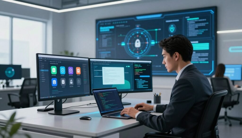 A futuristic office setting showcasing the app store review process. In the foreground, a focused professional in business attire sits at a sleek desk, examining code on a laptop with a crystal-clear screen. In the middle ground, multiple monitors display app icons and code signing visuals, illuminated by soft blue and green lighting, emphasizing a technological atmosphere. In the background, a large digital board illustrates the sandbox ecosystem, with diagrams illustrating security features and code integrity checks. The room is bright and airy, featuring modern design elements like minimalistic furniture and sleek lines, creating a productive and innovative vibe. The image conveys a sense of diligence, security, and precision, essential for a vital app approval system. A futuristic office setting showcasing the app store review process. In the foreground, a focused professional in business attire sits at a sleek desk, examining code on a laptop with a crystal-clear screen. In the middle ground, multiple monitors display app icons and code signing visuals, illuminated by soft blue and green lighting, emphasizing a technological atmosphere. In the background, a large digital board illustrates the sandbox ecosystem, with diagrams illustrating security features and code integrity checks. The room is bright and airy, featuring modern design elements like minimalistic furniture and sleek lines, creating a productive and innovative vibe. The image conveys a sense of diligence, security, and precision, essential for a vital app approval system.