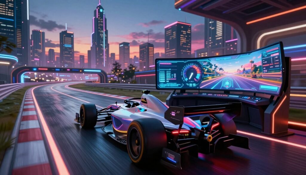 A futuristic racing simulator environment, featuring a sleek, high-tech racing car poised at the starting line on an illuminated virtual track. The foreground showcases the car, designed with aerodynamic curves and vibrant neon accents. In the middle, a digital dashboard displays holographic speed and performance metrics, surrounded by a sophisticated gaming setup with immersive screens displaying vivid landscapes. The background features a sprawling city skyline with towering skyscrapers, illuminated by dynamic neon lights and a colorful sunset sky. The atmosphere is energetic and anticipatory, enhanced by dramatic lighting that highlights the car and the track. Capture this scene from a dynamic low-angle perspective, emphasizing the speed and excitement of next-gen racing technology.
