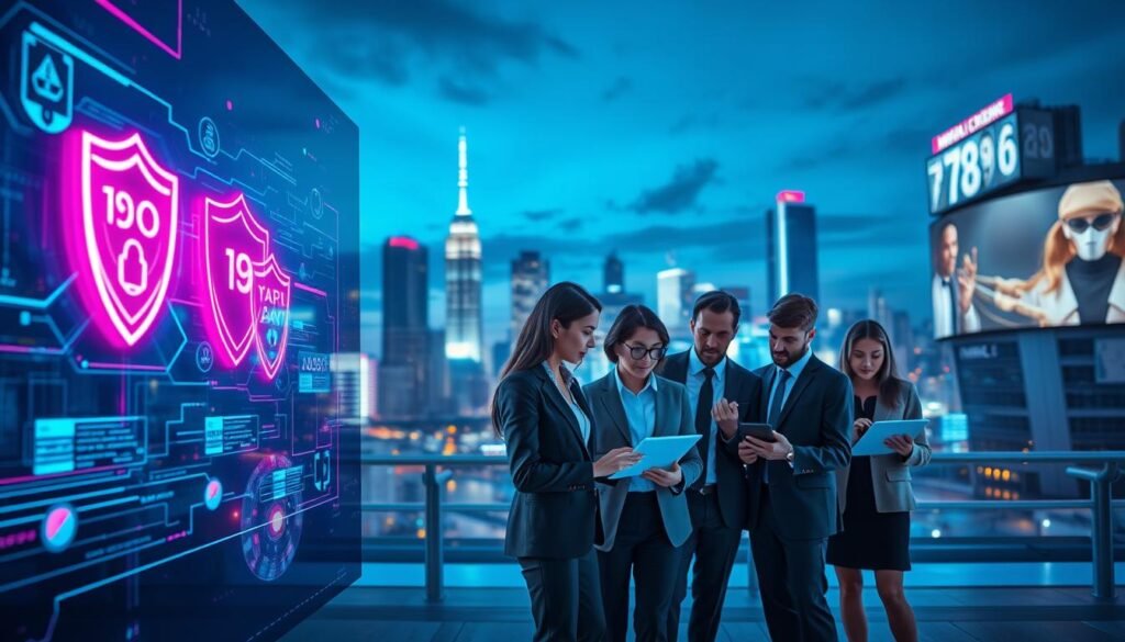 A futuristic representation of advanced AI security systems, emphasizing protection against cyber threats. In the foreground, a sleek, high-tech interface displaying vibrant holographic elements, showcasing digital shields, data streams, and neural networks. In the middle, a group of diverse professionals in smart business attire collaborating, analyzing data on tablet devices that visualize AI security metrics. The background features a city skyline at dusk, with a blend of illuminated skyscrapers and digital billboards, symbolizing the intersection of technology and urban life. The lighting is dramatic, with cool blues and subtle glows from screens creating a tech-savvy atmosphere. The overall mood conveys innovation, security, and collaboration in the face of cyber challenges. A futuristic representation of advanced AI security systems, emphasizing protection against cyber threats. In the foreground, a sleek, high-tech interface displaying vibrant holographic elements, showcasing digital shields, data streams, and neural networks. In the middle, a group of diverse professionals in smart business attire collaborating, analyzing data on tablet devices that visualize AI security metrics. The background features a city skyline at dusk, with a blend of illuminated skyscrapers and digital billboards, symbolizing the intersection of technology and urban life. The lighting is dramatic, with cool blues and subtle glows from screens creating a tech-savvy atmosphere. The overall mood conveys innovation, security, and collaboration in the face of cyber challenges.