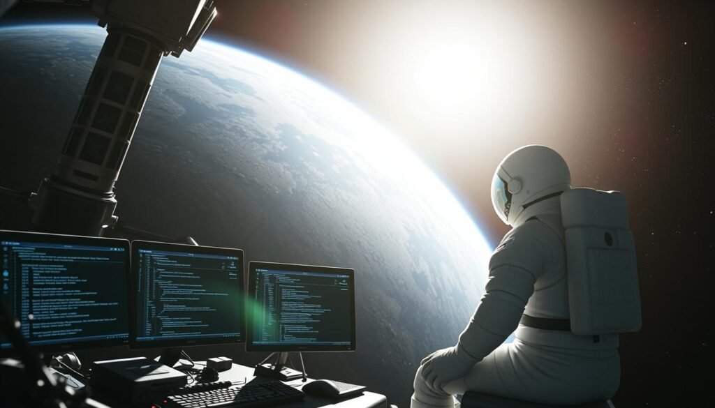 A futuristic scene of the International Space Station (ISS) orbiting Earth, integrated with Linux technology. In the foreground, showcase a sleek workstation with multiple monitors displaying Linux command lines and data streams, surrounded by high-tech equipment. The middle ground features an astronaut in a white spacesuit, focused on the workstation, symbolizing the use of Linux in space missions. In the background, the curvature of Earth is visible, illuminated by bright sunlight, with a deep space filled with stars. The lighting is a mix of soft ambient light from the Earth and stark daylight from the sun, creating a high-contrast atmosphere. The mood is one of innovation and exploration, reflecting the advanced technology bridging space and open-source software.
