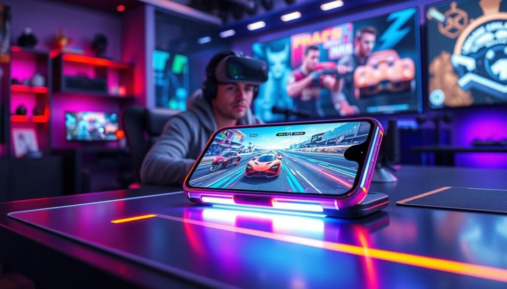 A futuristic scene showcasing an advanced gaming smartphone on a sleek, high-tech gaming desk. In the foreground, a vibrant smartphone with a holographic display shows an immersive racing game, illuminated by dynamic LED lights. The middle layer features a professional gamer in casual clothing, intensely focused on the game, surrounded by futuristic gaming accessories like VR headsets and custom controllers. In the background, a modern gaming room filled with ambient lighting creates a lively atmosphere, with digital wall art displaying gaming graphics. The overall mood is energetic and immersive, reflecting the synergy between cutting-edge technology and gaming. The lighting is bright yet soft, evoking excitement and innovation, captured from a dynamic angle that emphasizes the smartphone's design and interactive features.