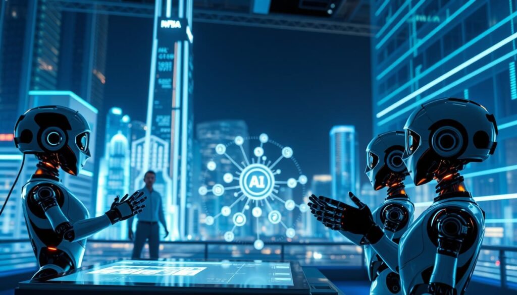 A futuristic scene showcasing collaboration among multiple AI agents in a sleek, high-tech environment. In the foreground, diverse AI avatars, depicted as humanoid robots and holographic figures, interact with digital interfaces, each representing a different skill set—data analysis, creative design, and communication. In the middle ground, a large digital display illustrates complex algorithms and data flow, with glowing connections linking the AI agents together, symbolizing teamwork and synergy. The background features a vibrant city skyline with advanced architecture, illuminated by soft blue and green neon lights. The mood is innovative and dynamic, evoking a sense of optimism for the future of work. Use a wide-angle lens to capture the depth of the scene, with soft ambient lighting enhancing the technology theme.