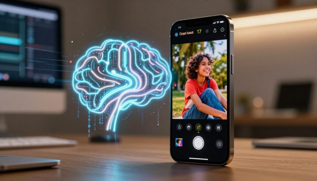 A futuristic scene showcasing the advanced capabilities of the Apple Neural Engine in the iPhone 17. In the foreground, a sleek, modern iPhone 17 displays a vividly edited photo on its screen, capturing a vibrant moment, with the editing interface highlighted. In the middle ground, a digital representation of neural network pathways glows, symbolizing speed and efficiency, intertwined with binary code patterns. The background features a softly blurred tech-inspired workspace with ambient lighting, creating a dynamic and innovative atmosphere. Use warm lighting to enhance the inviting feel, with a shallow depth of field focused on the iPhone. The overall mood is cutting-edge and inspiring, inviting viewers to appreciate the technology's potential in instant photo editing. A futuristic scene showcasing the advanced capabilities of the Apple Neural Engine in the iPhone 17. In the foreground, a sleek, modern iPhone 17 displays a vividly edited photo on its screen, capturing a vibrant moment, with the editing interface highlighted. In the middle ground, a digital representation of neural network pathways glows, symbolizing speed and efficiency, intertwined with binary code patterns. The background features a softly blurred tech-inspired workspace with ambient lighting, creating a dynamic and innovative atmosphere. Use warm lighting to enhance the inviting feel, with a shallow depth of field focused on the iPhone. The overall mood is cutting-edge and inspiring, inviting viewers to appreciate the technology's potential in instant photo editing.