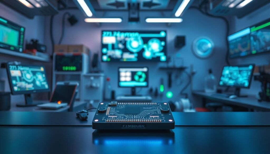 A futuristic setting showcasing a Universal SafetyNet Fix Module, prominently displayed in the foreground. The module appears as a sleek, high-tech device with glowing interfaces and intricate circuit patterns, hinting at advanced technology. In the middle ground, a workspace filled with tools and components related to Android development adds context, while digital screens provide abstract data visualizations. The background features soft-focus laboratory elements, enhancing a sense of innovation and experimentation. The lighting is cool and dynamic, with blue and green hues casting an inviting glow on the module, creating a modern and high-tech ambiance. Ensure a clean composition without any additional text or distractions, emphasizing the central theme of technological advancement in Android development.