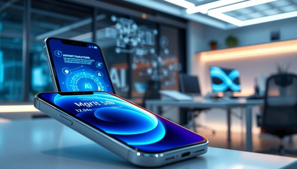 A futuristic, sleek iOS interface depicting the latest AI features on the iPhone 16 Series. In the foreground, showcase a shiny iPhone 16 with a vibrant screen displaying advanced AI tools like voice recognition, smart suggestions, and personalized notifications. In the middle ground, include subtle graphical representations of machine learning algorithms and data flows, creating an immersive tech environment. The background features a modern, stylish workspace with soft ambient lighting to convey innovation and efficiency, highlighting a professional atmosphere. The setting should be clean and minimalistic, with a focus on high-tech aesthetics, using a soft focus lens effect for a dreamy, futuristic mood.