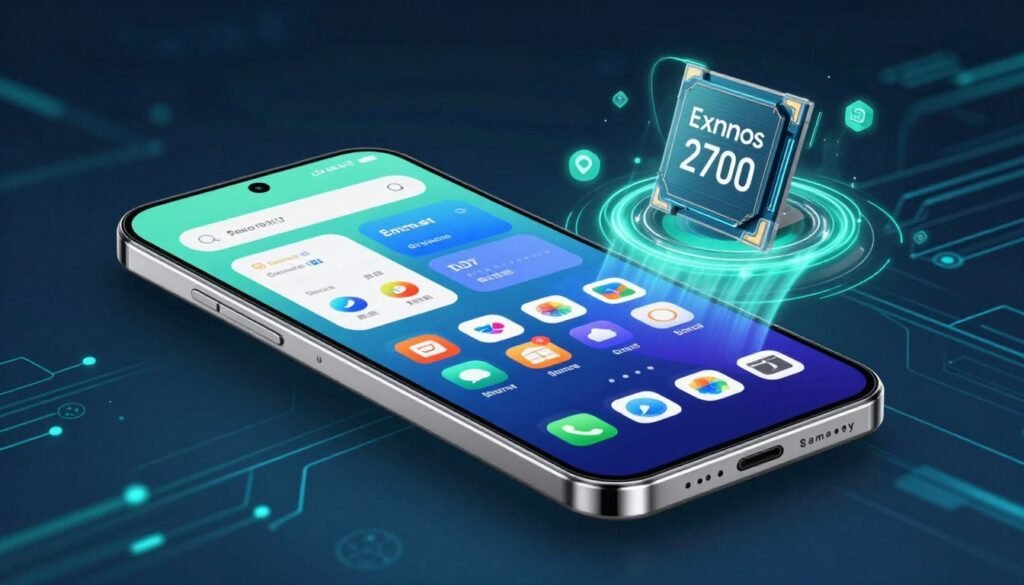 A futuristic smartphone interface showcasing the advanced operating system features of a high-performance device, like the Samsung Galaxy S27 powered by Exynos 2700. In the foreground, display a sleek and modern smartphone with a vibrant, interactive touch screen featuring app icons, settings, and dynamic widgets that highlight innovative software capabilities. In the middle ground, soft glowing elements represent the flow of data and efficiency, with abstract lines symbolizing connectivity and speed. The background features a stylized tech-themed environment with faint, blurred circuits and digital patterns, illuminated by cool blue and green lighting, conveying a sense of innovation and cutting-edge technology. Capture this scene from a slight upward angle to enhance the smartphone's prominence, with a clean and professional atmosphere, ensuring clarity and focus on the software features. A futuristic smartphone interface showcasing the advanced operating system features of a high-performance device, like the Samsung Galaxy S27 powered by Exynos 2700. In the foreground, display a sleek and modern smartphone with a vibrant, interactive touch screen featuring app icons, settings, and dynamic widgets that highlight innovative software capabilities. In the middle ground, soft glowing elements represent the flow of data and efficiency, with abstract lines symbolizing connectivity and speed. The background features a stylized tech-themed environment with faint, blurred circuits and digital patterns, illuminated by cool blue and green lighting, conveying a sense of innovation and cutting-edge technology. Capture this scene from a slight upward angle to enhance the smartphone's prominence, with a clean and professional atmosphere, ensuring clarity and focus on the software features.