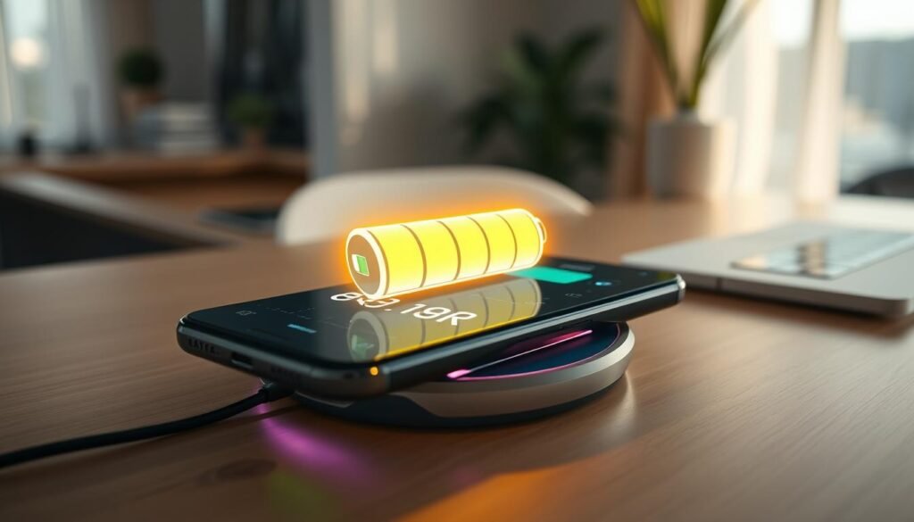 A futuristic smartphone on a sleek charging pad, showcasing advanced battery management technology. The smartphone displays vibrant battery icons illustrating increased efficiency, surrounded by digital graphs and energy symbols. In the foreground, a close-up of the battery symbol glows with an ethereal light, emphasizing improved performance. The middle ground features the smartphone's interface, displaying a user-friendly battery optimization feature. The background fades into a modern workspace with soft, natural lighting creating a welcoming atmosphere. A 35mm lens perspective captures this tech innovation, emphasizing clarity and focus on the smartphone. The mood conveys excitement and innovation, highlighting the advancements in Android battery efficiency.
