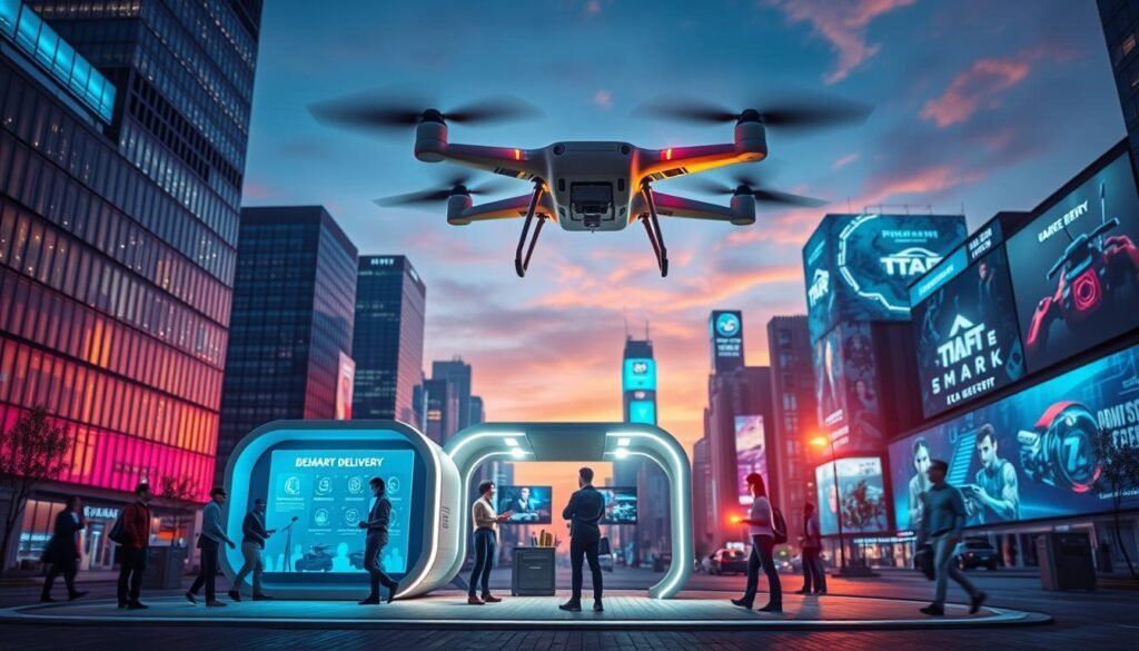 A futuristic urban landscape showcasing the concept of "Smart Delivery" technology. In the foreground, a sleek, autonomous delivery drone hovers just above a modern, eco-friendly delivery station, with bright LED lights illuminating the scene. The middle ground features diverse people in professional attire interacting with various digital interfaces displaying real-time delivery updates. The background is filled with smart buildings and digital billboards projecting sophisticated graphics related to technology and gaming, under a twilight sky that gradually transitions from deep blue to warm orange hues. The overall atmosphere conveys innovation, connectivity, and excitement for the future of delivery services, with a focus on sleek designs and advanced technology. Use a wide-angle lens to capture the entire scene, highlighting the dynamic interaction between people and technology.