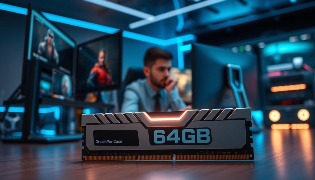 A futuristic workstation, prominently featuring a high-performance, elaborate RAM module labeled "64GB" in a sleek, modern design. In the foreground, the RAM is highlighted with a glowing effect, symbolizing advanced capabilities. In the middle ground, a person in smart casual attire is focused on a dual-monitor setup, displaying various gaming and productivity applications. The background shows a stylish, tech-inspired room with ambient lighting in cool tones, enhancing the high-tech atmosphere. Soft shadows accentuate the objects, and a slight depth of field blurs the background, drawing attention to the RAM and the user. The overall mood is one of innovation and productivity, suggesting a careful contemplation of technology’s limits and potentials.