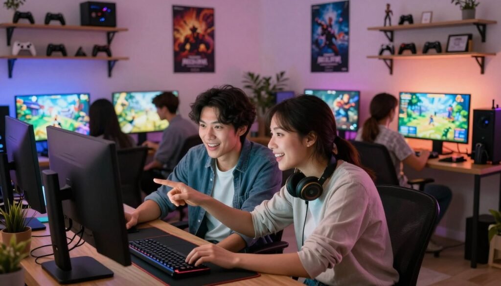 A group of enthusiastic gamers gathered in a modern, well-lit living room, showcasing their gaming setups with multiple screens displaying vibrant game graphics. In the foreground, two gamers, one male and one female, both in casual attire, are excitedly sharing their experiences while pointing at a computer screen. The background features shelves filled with gaming collectibles and posters of popular game franchises, adding to the immersive atmosphere. Soft, ambient lighting from the screens reflects off their faces, illustrating the joy and passion in their expressions. The mood is vibrant and positive, encapsulating the excitement of community and sharing within the gaming world. A cozy yet dynamic setting brings warmth and inclusivity to the scene, highlighting the transition of gamers embracing new platforms.