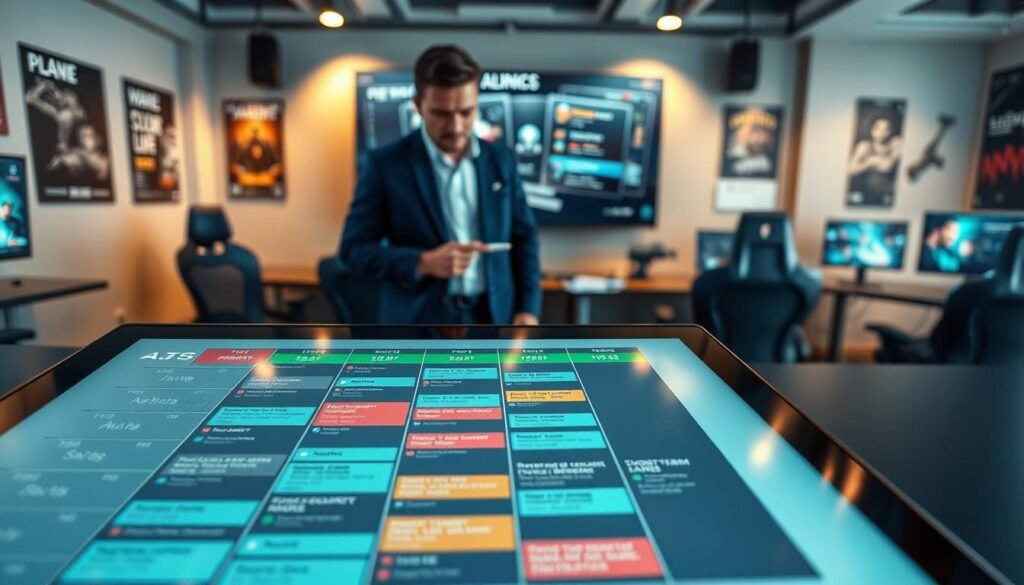 A high-level overview of a professional esports team's training schedule, showcased as a detailed blueprint. The foreground features a sophisticated digital tablet displaying a colorful, organized timetable filled with various training sessions, strategy discussions, and analysis blocks in sharp detail. The middle ground illustrates a focused coach with a pointer, dressed in smart casual attire, reviewing strategies on a large screen behind him, highlighting long-term and short-term game plans. The background shows a modern esports training room with gaming chairs, monitors, and motivational posters. Soft ambient lighting bathes the scene, creating a serious yet inspiring atmosphere, perfect for showcasing the intensity and dedication of professional gamers. The perspective is slightly elevated, giving a comprehensive view of the action.