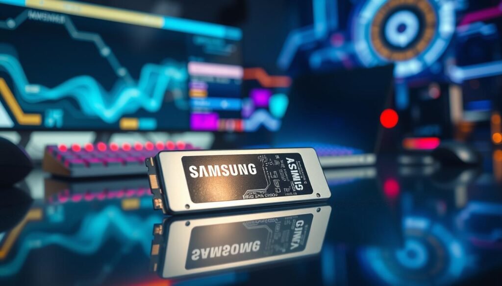 A high-resolution image of a Samsung 9100 Pro SSD with a large capacity prominently displayed in the foreground, showcasing its sleek design and shiny metallic casing. This SSD is placed on a reflective surface, capturing intricate details of the circuitry and branding. The middle ground features a blurred, modern desktop setup with colorful LED lighting creating a dynamic ambiance. In the background, there are abstract digital graphics, hinting at speed and performance, with a cool blue and silver color palette enhancing the tech-savvy atmosphere. The lighting should be dramatic, highlighting the SSD while casting soft shadows. The overall mood conveys technological advancement and power, perfect for a professional article.