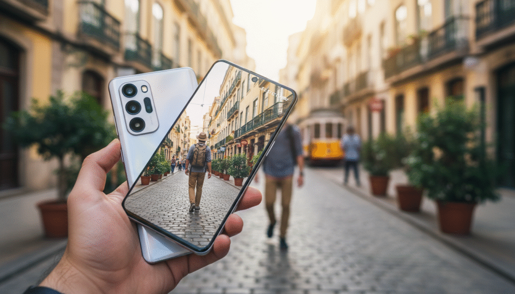 A high-resolution image showcasing a Realme GT 6 smartphone in action, demonstrating its video stabilization capabilities. In the foreground, the smartphone is held securely in a hand, angled slightly to capture the device’s sleek design. The middle ground features a dynamic scene of a person walking briskly down a scenic urban street, with vibrant buildings and greenery in the background. The video being recorded should reflect smooth, fluid motion, indicating the effectiveness of EIS 4.0. Soft, natural lighting enhances the scene, with a slight lens flare effect to suggest a bright, sunny day. The atmosphere should express energy and reliability, appealing to travel enthusiasts and daily users alike.