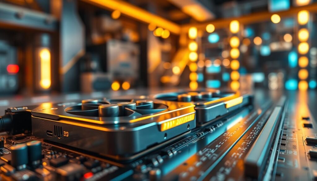 A high-tech, close-up visual of a flagship GPU chipset, showcasing intricate circuitry with glowing elements that symbolize power and performance. In the foreground, focus on a sleek, metallic GPU with a polished surface reflecting ambient light, featuring a design that suggests cutting-edge technology. The middle ground reveals detailed components like capacitors and cooling fans, emphasizing functionality and efficiency. The background is a softly blurred tech lab environment, with warm, focused lighting creating a dynamic atmosphere of innovation. Capture the mood of high performance and energy efficiency, suitable for highlighting the strengths of modern GPU technology without any human subjects or distracting elements.