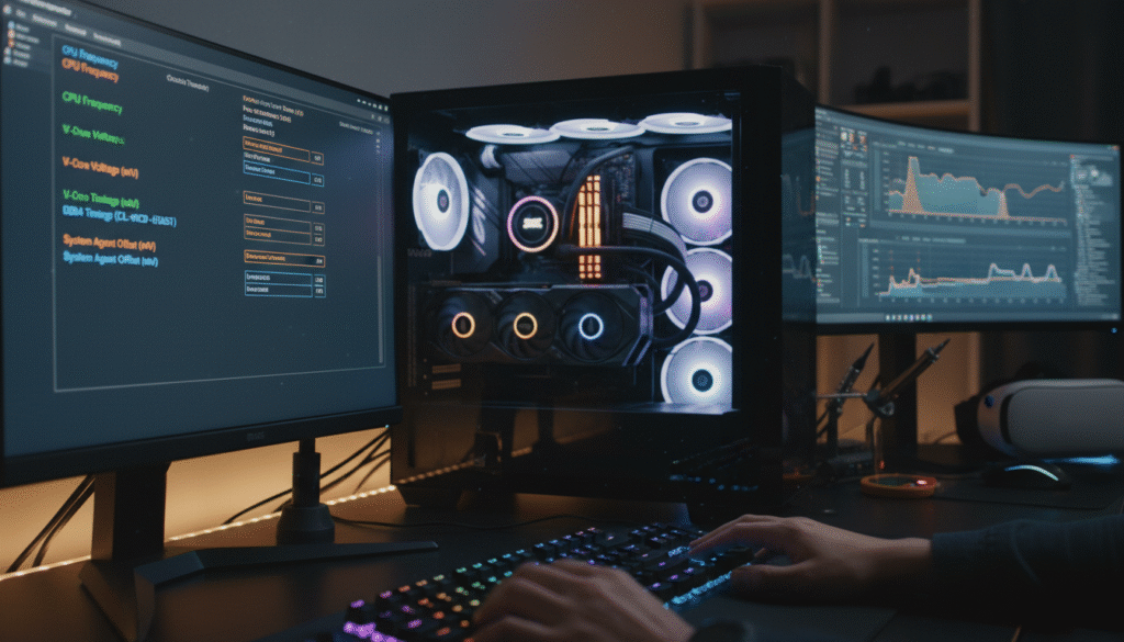 A high-tech computer setup featuring a close-up view of a monitor displaying intricate BIOS settings for overclocking. The interface should include detailed parameters such as CPU frequency, voltage adjustments, and RAM timings, highlighted in vibrant colors against a dark background. In the foreground, show a pair of hands engaged in the fine-tuning process using a mechanical keyboard, with glowing RGB lighting illuminating the scene. The middle ground features an open computer case with visibly cooled components like a powerful graphics card and sleek cooling fans. The background should be slightly blurred but suggest a modern, tech-savvy workspace with additional monitors and tools. The atmosphere conveys concentration and expertise, with soft, ambient lighting creating a focused yet inviting workspace.