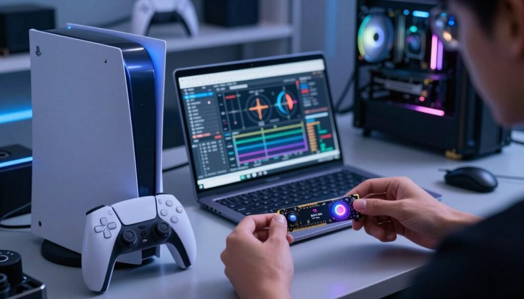 A high-tech workspace featuring a PlayStation 5 console prominently displayed on a sleek desk filled with overclocking tools. In the foreground, a close-up of a technician’s hands carefully handling an NVMe SSD with a thermal sensor attached, symbolizing the process of overclocking. In the middle ground, a modern laptop open with detailed graphs and schematics visible on the screen. The background is softly blurred, showcasing shelves filled with gaming equipment and electronic components, illuminated by a soft blue LED lighting to create a futuristic atmosphere. The mood is focused and technical, highlighting the intricacies of overclocking technology without any text or distractions, capturing the essence of performance enhancement in gaming.