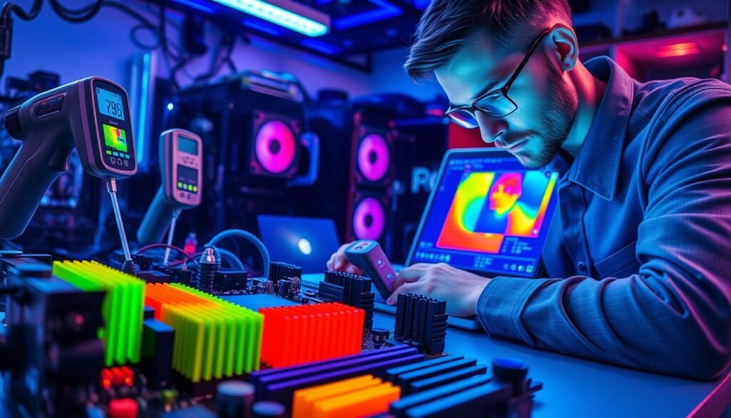 A high-tech workspace featuring a detailed close-up of a motherboard in an ITX form factor, showcasing its 14-phase VRM system. The scene highlights temperature monitoring tools, such as digital thermometers and thermal cameras analyzing thermal performance. The background is a softly lit room filled with computer components, giving a sense of innovative technology. The foreground focuses on the vibrant colors of the VRM heatsinks, with thermal imaging displaying temperature variations in bright colors. The atmosphere is insightful and professional, illuminated by cool, blue-toned lighting that emphasizes the technical nature of the task. The image captures an expert in smart casual attire diligently working, their gaze focused on the thermal data displayed on a laptop screen, enhancing the narrative of monitoring temperature and performance.