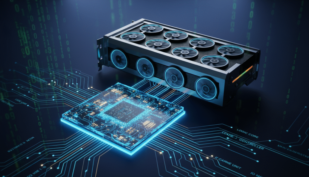 A highly detailed and futuristic depiction of a CPU and GPU designed in a cutting-edge 3nm fabrication technology, oriented as the focal point of the image. In the foreground, the intricate circuits of the CPU are visible with glowing traces and labels indicating components. In the middle ground, the GPU is interconnected, showcasing its sleek design and multiple cooling fins, reflecting light to enhance its metallic texture. The background features a dark, tech-themed gradient with subtle binary code patterns and circuit diagrams, creating a high-tech atmosphere. Soft, focused lighting emphasizes the components, casting gentle shadows. The angle is slightly elevated and zoomed in to highlight the textures and details, evoking a sense of innovation and advanced technology. The mood is dynamic and sophisticated, perfect for illustrating high-performance processing capabilities.