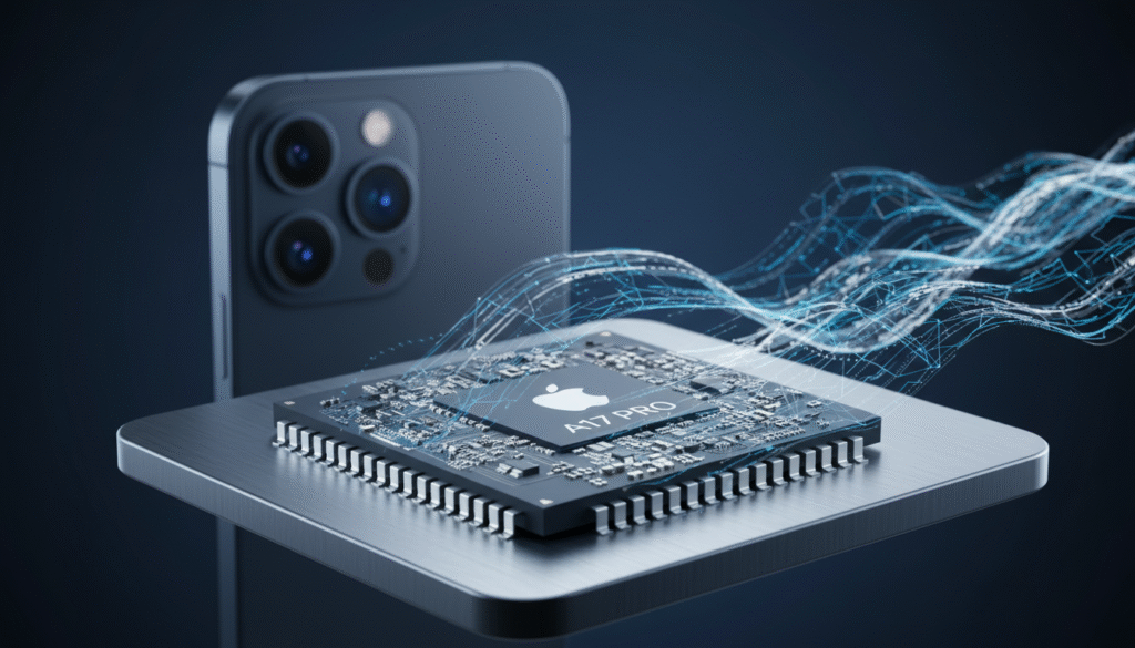A highly detailed and realistic depiction of the A17 Pro chip, positioned prominently in the foreground on a sleek, metallic surface. The chip should be illuminated with soft, focused lighting to highlight its intricate circuitry and components, giving it a cutting-edge technology feel. In the middle ground, faint, abstract representations of digital data streams or AI algorithms can be subtly integrated, suggesting its powerful processing capabilities. In the background, a blurred silhouette of an iPhone 15 Pro should be visible, emphasizing the chip's role within the device. The overall atmosphere should be futuristic and tech-centric, conveying innovation and high performance, with a deep blue and silver color palette for a high-tech ambiance.