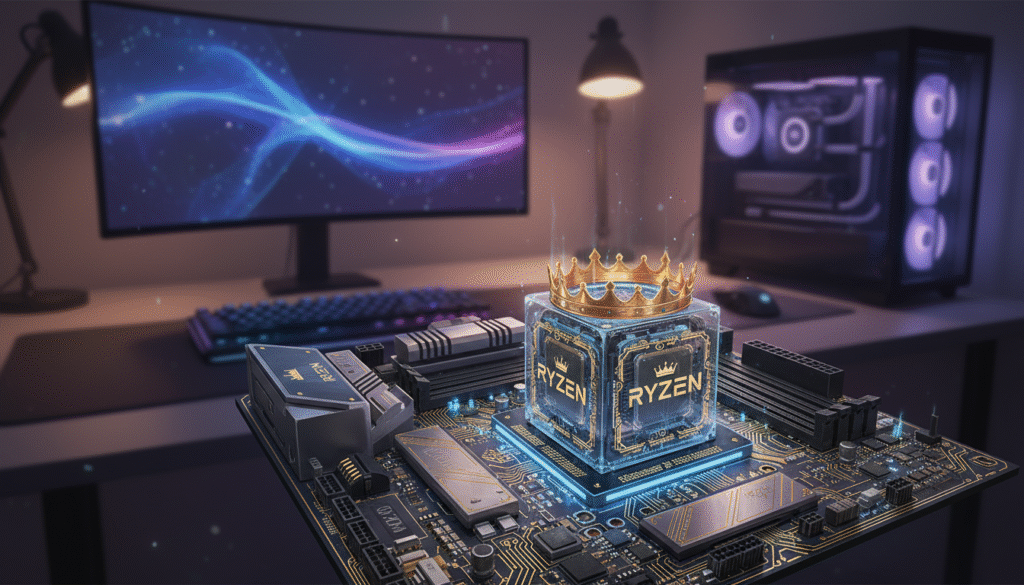 A highly detailed illustration of an AMD Ryzen 1000 series CPU configuration, showcasing its core and thread layout in an attractive way. In the foreground, the CPU is prominently displayed with a clear view of its multiple cores and SMT (Simultaneous Multithreading) features, emphasizing a "royal" design. The middle ground features a sleek motherboard, with clear labels for the various components. In the background, a softly blurred tech workspace with ambient lighting highlights a modern gaming setup. Use dramatic, soft lighting to enhance the complexity and elegance of the CPU. The angle should be slightly tilted to provide depth and interest. The overall mood should convey innovation and nostalgia, highlighting the significance of this technology in computing history.