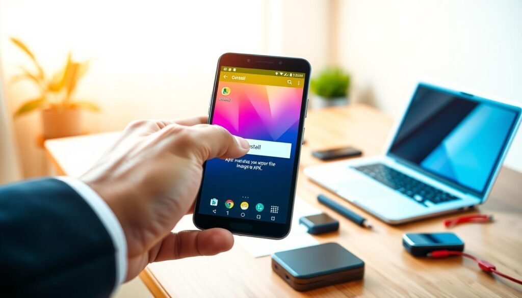 A modern Android device displaying the installation process of an APK, with the screen showing a vibrant, detailed interface of a file manager. In the foreground, a close-up of a hand tapping on the "Install" button, wearing a professional business attire. The middle section features a clear view of the device, surrounded by an instructional setup: a neat desk with a laptop open next to the phone, a few tech gadgets scattered around. The background showcases a softly lit room with warm colors, creating a calm and focused atmosphere. The lighting is bright but soft, highlighting the device without harsh shadows. A slight depth of field draws attention to the installation screen, ensuring clarity in the technical aspects of the process.