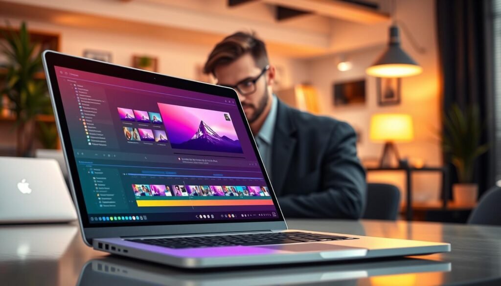 A modern and sleek video editing application interface displayed on a high-resolution computer screen. In the foreground, showcase a stylish laptop with vibrant color gradients representing video clips in progress. Illustrate various editing features, such as timeline options, filters, and adjustment sliders, highlighted with glowing outlines. In the middle ground, a professional user in smart casual attire is focused on their work, their expression showing concentration. The background features a softly blurred creative workspace with ambient lighting, emphasizing the innovative atmosphere. Utilize warm lighting to enhance the inviting mood of the space. Capture the scene from a slight angle to show both the screen and the user's engagement with the editing process, suggesting efficiency and advanced technology.