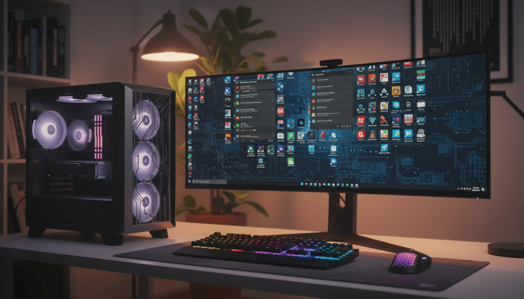 A modern computer setup in an office environment, showcasing a sleek, high-performance desktop PC with glowing LED accents. In the foreground, the PC tower stands prominently with intricate details on its casing and a colorful RGB keyboard. The middle ground features a large, high-resolution monitor displaying a cluttered desktop filled with various application icons, hinting at over-optimization. The background contains soft-focus office elements like a plant and shelves filled with tech books, adding to the ambiance. The scene is illuminated with soft, warm lighting, casting subtle shadows, creating a feeling of caution about technology. The overall mood reflects a sense of impending frustration, highlighting the potential pitfalls of relying too heavily on optimization software.