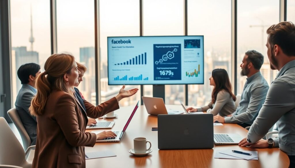 A modern corporate boardroom featuring a diverse group of business professionals engaged in strategic planning for a technology company. In the foreground, a focused woman in formal attire gestures toward a digital presentation on a sleek screen, displaying analytical graphs and tech-related insights. The middle ground includes a large round table with laptops, papers, and coffee cups, symbolizing a collaborative environment. The background showcases large windows with a panoramic city view, bathing the room in warm, natural light, creating a dynamic and professional atmosphere. The mood is determined and innovative, reflecting the strategic decisions of a tech giant like Facebook, focusing on growth and customer engagement. A modern corporate boardroom featuring a diverse group of business professionals engaged in strategic planning for a technology company. In the foreground, a focused woman in formal attire gestures toward a digital presentation on a sleek screen, displaying analytical graphs and tech-related insights. The middle ground includes a large round table with laptops, papers, and coffee cups, symbolizing a collaborative environment. The background showcases large windows with a panoramic city view, bathing the room in warm, natural light, creating a dynamic and professional atmosphere. The mood is determined and innovative, reflecting the strategic decisions of a tech giant like Facebook, focusing on growth and customer engagement.
