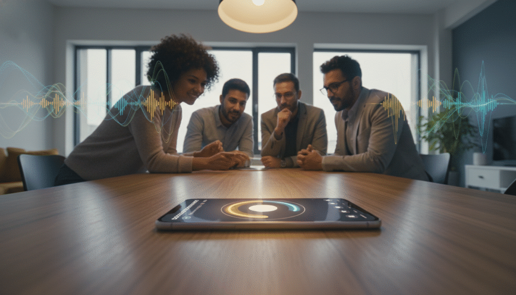 A modern digital environment showcasing sound recognition technology. In the foreground, a smartphone with a user interface displaying sound recognition features, illuminated by soft, warm lighting. The device rests on a stylish wooden table with subtle reflections. In the middle, a diverse group of three professionals (two men and one woman) in modest casual clothing are engaging with the phone, expressing curiosity and interest. Their faces reflect a sense of empowerment and accessibility. The background features a cozy, well-lit room with gentle ambient lighting and abstract sound wave visuals hovering in the air, symbolizing sound detection. The scene conveys a mood of innovation and inclusivity, highlighting the benefits of technology in everyday life. The angle captures both the device and the individuals in an inviting manner.