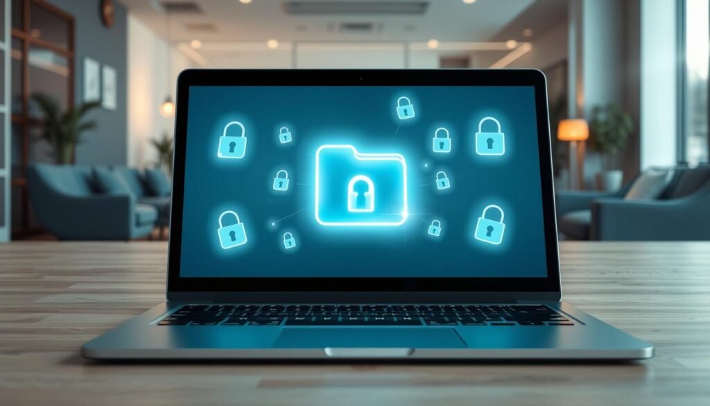 A modern digital workspace scene showcasing the "Secure Folder" feature of Enpass Password Manager. In the foreground, a sleek laptop is open, displaying a vibrant, user-friendly interface of the Secure Folder with encrypted data icons. In the middle, a glowing, translucent folder symbol represents security, surrounded by floating digital locks, conveying protection and confidentiality. The background features a comfortable office environment with soft lighting, emphasizing a professional atmosphere. Subtle rays of light create a sense of innovation and trust. The overall mood is calm and focused, reflecting the importance of secure data storage. The image should be composed using a wide-angle lens for depth, with a cool color palette of blues and greens to evoke a sense of security and technology. A modern digital workspace scene showcasing the "Secure Folder" feature of Enpass Password Manager. In the foreground, a sleek laptop is open, displaying a vibrant, user-friendly interface of the Secure Folder with encrypted data icons. In the middle, a glowing, translucent folder symbol represents security, surrounded by floating digital locks, conveying protection and confidentiality. The background features a comfortable office environment with soft lighting, emphasizing a professional atmosphere. Subtle rays of light create a sense of innovation and trust. The overall mood is calm and focused, reflecting the importance of secure data storage. The image should be composed using a wide-angle lens for depth, with a cool color palette of blues and greens to evoke a sense of security and technology.