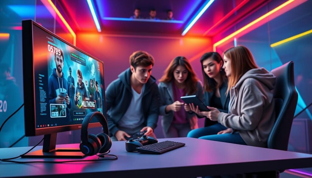A modern gaming setup showcasing the optimization of multiplayer network performance. In the foreground, a sleek computer desk displays a high-end gaming monitor, with vivid graphics of a multiplayer game interface. A gaming headset sits beside a controller, emphasizing connectivity. The middle layer features a diverse group of four gamers (two men and two women) dressed in casual tech attire, focused on their screens, interacting intensely, demonstrating teamwork. The background encompasses a dimly lit room with colorful LED lights reflecting off the walls, creating a dynamic and immersive atmosphere. Use soft yet vibrant lighting to highlight the players’ expressions of concentration. Capture a slightly elevated angle that conveys an engaging, high-tech environment, underscoring the importance of network optimization for an enhanced gaming experience.