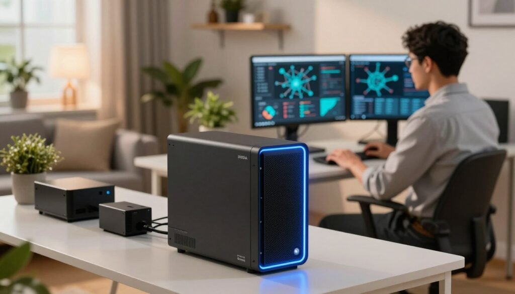 A modern home office showcasing the practical use of a high-performance AI supercomputer. In the foreground, place a sleek Nvidia DGX Spark Mini, glowing with blue LED lights, surrounded by high-tech peripherals. In the middle ground, depict a focused professional in a smart-casual outfit, analyzing data on dual monitors displaying complex neural network graphs and models. The background features a well-designed home workspace, complete with plants and modern furniture, illuminated by soft, warm lighting. Use a shallow depth of field to emphasize the supercomputer in the foreground while softly blurring the background elements. The overall atmosphere should convey innovation, productivity, and sophistication in a home environment. A modern home office showcasing the practical use of a high-performance AI supercomputer. In the foreground, place a sleek Nvidia DGX Spark Mini, glowing with blue LED lights, surrounded by high-tech peripherals. In the middle ground, depict a focused professional in a smart-casual outfit, analyzing data on dual monitors displaying complex neural network graphs and models. The background features a well-designed home workspace, complete with plants and modern furniture, illuminated by soft, warm lighting. Use a shallow depth of field to emphasize the supercomputer in the foreground while softly blurring the background elements. The overall atmosphere should convey innovation, productivity, and sophistication in a home environment.