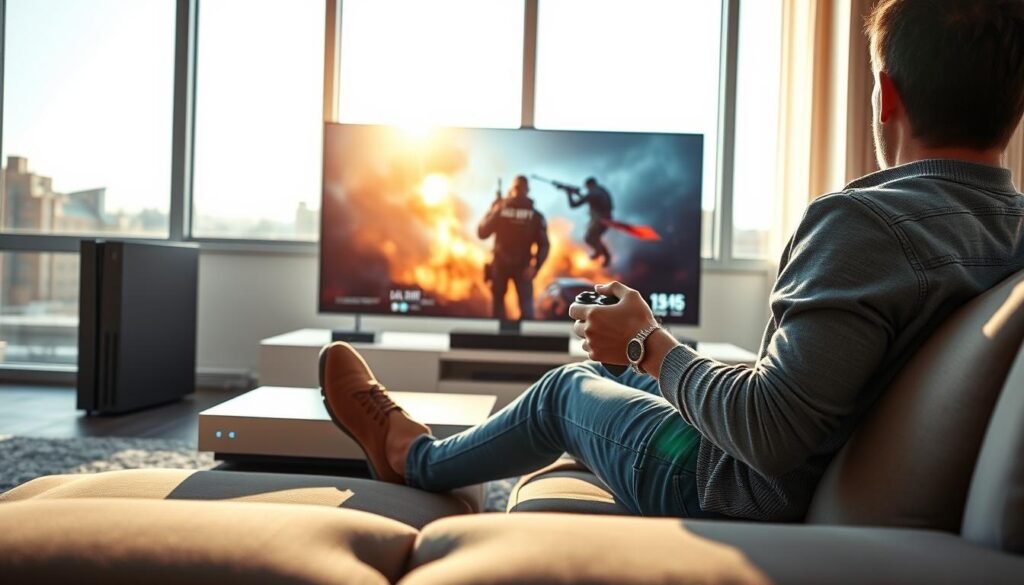 A modern living room setting showcasing a cloud gaming experience. In the foreground, a person in casual but presentable attire is seated on a cozy sofa, holding a game controller with an intense focus on a large screen displaying vibrant, action-packed visuals from a "Call of Duty" game. The middle layer features a sleek gaming console with a minimalist design and ambient LED lights. In the background, large windows reveal a bright, sunny day, casting warm, natural light into the room, enhancing a relaxed yet excited atmosphere. The composition emphasizes a sense of technological advancement and comfort, capturing the essence of the future of gaming seamlessly integrated into everyday life. A modern living room setting showcasing a cloud gaming experience. In the foreground, a person in casual but presentable attire is seated on a cozy sofa, holding a game controller with an intense focus on a large screen displaying vibrant, action-packed visuals from a "Call of Duty" game. The middle layer features a sleek gaming console with a minimalist design and ambient LED lights. In the background, large windows reveal a bright, sunny day, casting warm, natural light into the room, enhancing a relaxed yet excited atmosphere. The composition emphasizes a sense of technological advancement and comfort, capturing the essence of the future of gaming seamlessly integrated into everyday life.