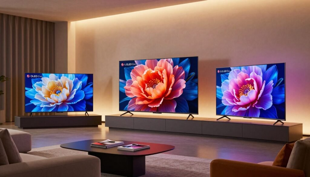 A modern living room showcasing a variety of LG OLED Evo 2026 TVs in diverse sizes, elegantly displayed on a sleek media console. In the foreground, emphasize three televisions of different screen sizes, highlighting their ultra-thin bezels and vibrant color displays. In the middle ground, add a stylish sofa and a coffee table with a few tech magazines, creating a cozy atmosphere. The background should feature a softly lit room with ambient lighting, casting a warm glow that accentuates the TVs’ brilliance. Use a low angle shot to evoke a sense of awe at the impressive screen sizes, capturing the essence of versatility and modern technology in home entertainment. A modern living room showcasing a variety of LG OLED Evo 2026 TVs in diverse sizes, elegantly displayed on a sleek media console. In the foreground, emphasize three televisions of different screen sizes, highlighting their ultra-thin bezels and vibrant color displays. In the middle ground, add a stylish sofa and a coffee table with a few tech magazines, creating a cozy atmosphere. The background should feature a softly lit room with ambient lighting, casting a warm glow that accentuates the TVs’ brilliance. Use a low angle shot to evoke a sense of awe at the impressive screen sizes, capturing the essence of versatility and modern technology in home entertainment.