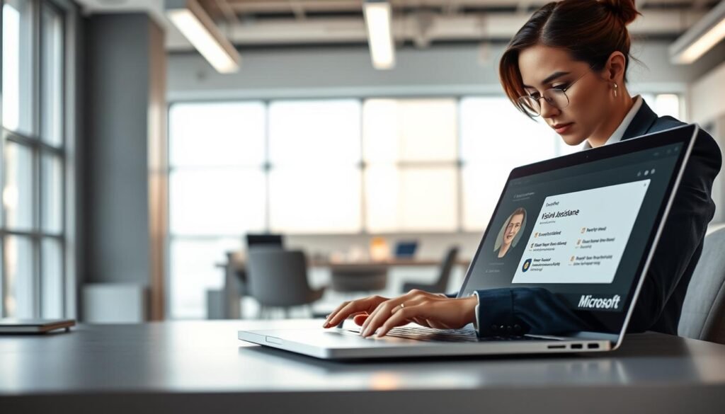 A modern office environment featuring a sleek laptop displaying the Microsoft Copilot interface, with a focus on the new vision assistance feature. In the foreground, a professional individual in smart business attire is interacting with the laptop, their expression reflecting concentration and curiosity. The middle ground includes a softly illuminated workspace with subtle tech gadgets, while the background shows the office with a minimalistic design and large windows letting in natural light, creating a bright and inviting atmosphere. The scene is captured from a slightly elevated angle, emphasizing the interaction between the user and the technology, conveying a sense of innovation and productivity. The overall mood of the image is inspiring and forward-looking, highlighting the seamless integration of AI technology in daily tasks.