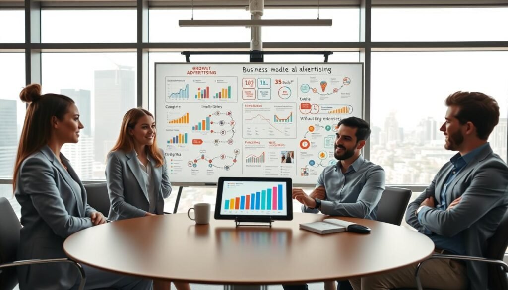 A modern office setting with a sleek, minimalist design, showcasing a conference room where professionals are engaged in a discussion about innovative business models. In the foreground, a diverse group of individuals in smart casual attire—two women and two men—are around a round table, examining a digital tablet with charts displaying growth without advertising. The middle ground features a large whiteboard filled with colorful infographics and diagrams illustrating various alternative revenue streams. The background should show large windows with a city skyline, letting in natural light that creates an uplifting atmosphere. The scene conveys a sense of collaboration and creativity, emphasizing a new business model centered around user engagement and value without advertising, all captured in a bright, inviting tone. A modern office setting with a sleek, minimalist design, showcasing a conference room where professionals are engaged in a discussion about innovative business models. In the foreground, a diverse group of individuals in smart casual attire—two women and two men—are around a round table, examining a digital tablet with charts displaying growth without advertising. The middle ground features a large whiteboard filled with colorful infographics and diagrams illustrating various alternative revenue streams. The background should show large windows with a city skyline, letting in natural light that creates an uplifting atmosphere. The scene conveys a sense of collaboration and creativity, emphasizing a new business model centered around user engagement and value without advertising, all captured in a bright, inviting tone.