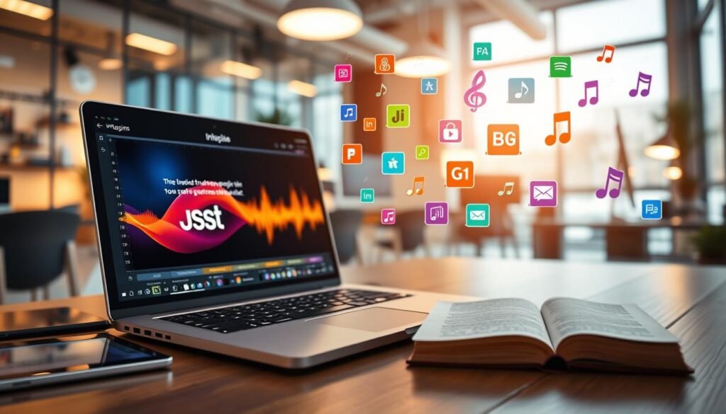 A modern office workspace showcasing the functions of software in a computer system. In the foreground, a sleek laptop displaying an intuitive software interface with vibrant visuals symbolizing music generation from text. The laptop is flanked by a digital tablet and notepad filled with notes. In the middle ground, an array of colorful software icons representing various computer functions and plugins, including sound waves and musical notes, float around in an organized manner. The background features a soft-focus view of a tech-savvy office with ambient lighting that creates a warm and productive atmosphere. Use a wide-angle lens effect to enhance the depth, emphasizing a sense of innovation and creativity. The overall mood should be inspiring and dynamic, reflecting the integration of technology and creativity in a professional setting. A modern office workspace showcasing the functions of software in a computer system. In the foreground, a sleek laptop displaying an intuitive software interface with vibrant visuals symbolizing music generation from text. The laptop is flanked by a digital tablet and notepad filled with notes. In the middle ground, an array of colorful software icons representing various computer functions and plugins, including sound waves and musical notes, float around in an organized manner. The background features a soft-focus view of a tech-savvy office with ambient lighting that creates a warm and productive atmosphere. Use a wide-angle lens effect to enhance the depth, emphasizing a sense of innovation and creativity. The overall mood should be inspiring and dynamic, reflecting the integration of technology and creativity in a professional setting.