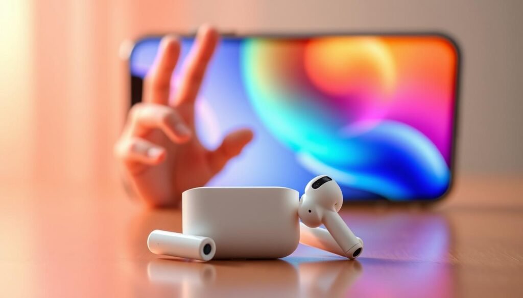 A modern, sleek AirPods Pro pair is showcased prominently in the foreground, emphasizing their innovative motion control feature within the iOS 18 ecosystem. In the middle ground, a close-up view displays a hand gesturing elegantly, symbolizing the intuitive control of audio settings through movement. The background features a softly blurred iPhone screen illuminated by dynamic, colorful light to highlight the new interface of iOS 18, showcasing the generative AI capabilities. The overall atmosphere is fresh and tech-savvy, with a bright, optimistic color palette that conveys excitement for the future of technology. Use soft, natural lighting to create a vibrant and inviting scene, with a subtle focal depth to enhance the feeling of motion and interaction.