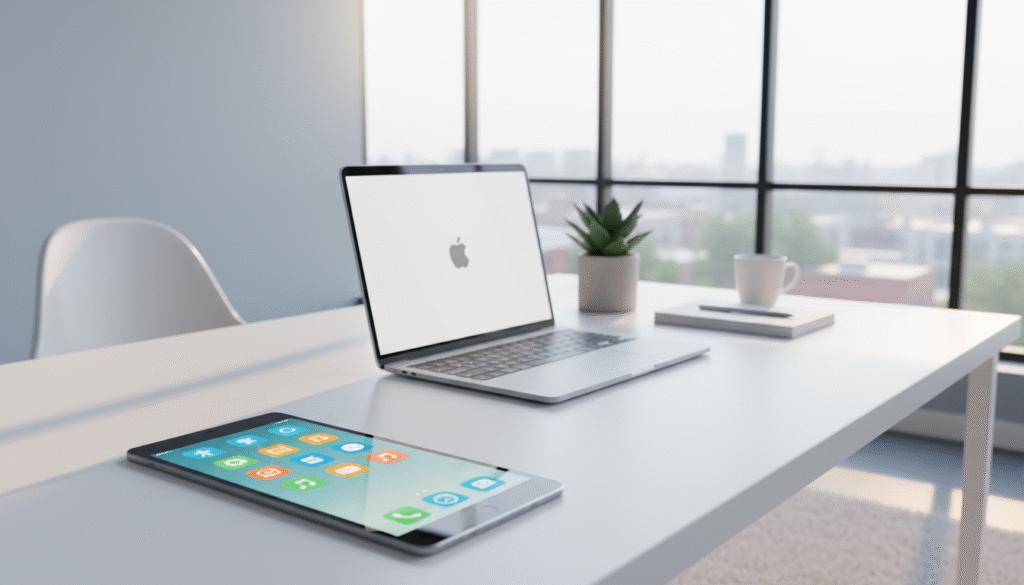 A modern, sleek workspace reflecting the flat design and minimalism of the Tim Cook era. In the foreground, a stylish tablet and smartphone are showcased, featuring vibrant app icons that represent accessibility and functionality. The middle ground captures a clean, uncluttered desk with a simple laptop and potted plant, emphasizing a sense of calm and focus. In the background, large windows allow natural light to pour in, illuminating the room with a soft, inviting glow. The atmosphere is professional yet comfortable, with cool tones and an overall sense of harmony. The composition should convey innovation and simplicity, embodying the philosophy of design evolution under Tim Cook's leadership.