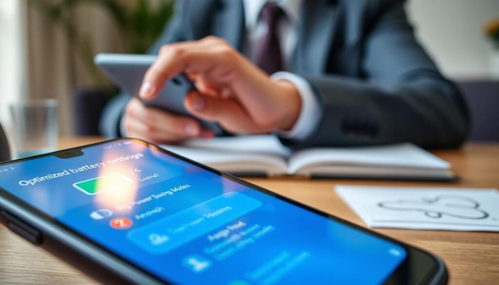 A modern smartphone displaying an optimized battery saver interface. In the foreground, showcase the phone's screen with vivid icons representing battery settings, like brightness control and power-saving modes. The middle layer features a hand adjusting the settings on the device, depicted in a professional business attire to suggest a user engaged in optimizing their device. In the background, blur a cozy workspace setting with soft, natural lighting to create a calm atmosphere. The composition should have a slight angle, emphasizing the smartphone while keeping the workspace context. The overall mood is productive and focused, reflecting the theme of enhancing battery efficiency.